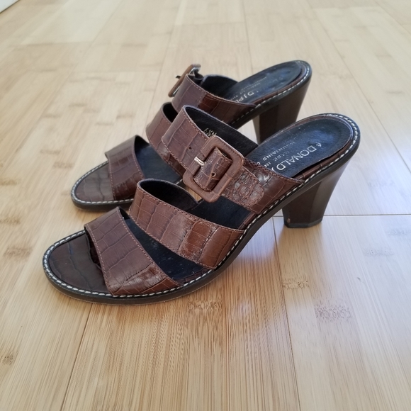 🌸 Donald J. Pliner Brown Leather Tri-Strap Snakeskin Slide Heel Pump Size 6.5 - Picture 2 of 12